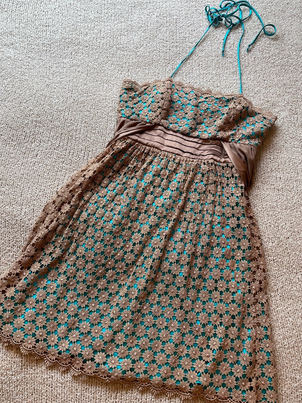 Marisa K Brown Crochet Halter Dress with Teal Underlay EUC - size small